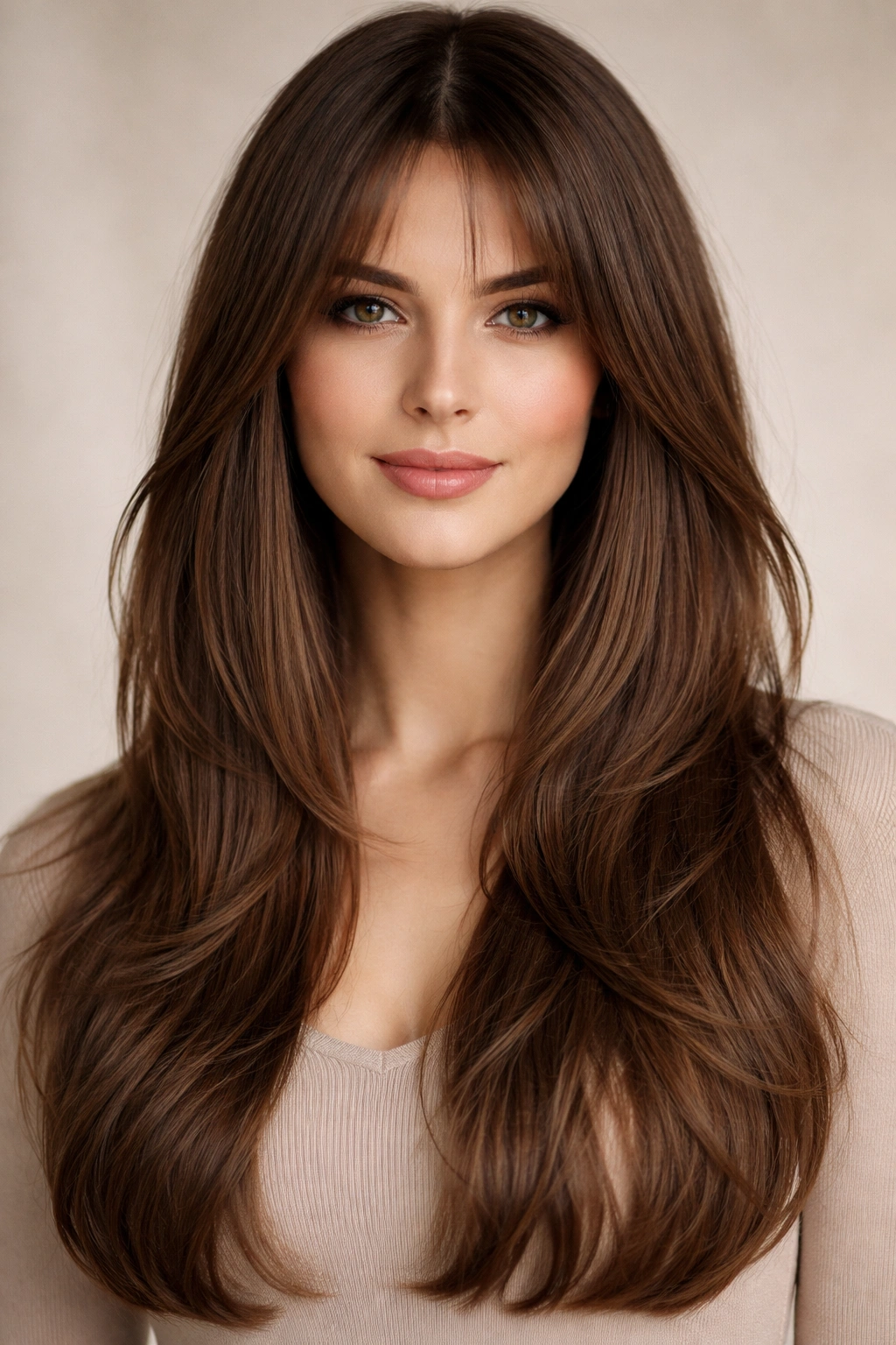 Hair with straight-across face-framing fringe and long back length