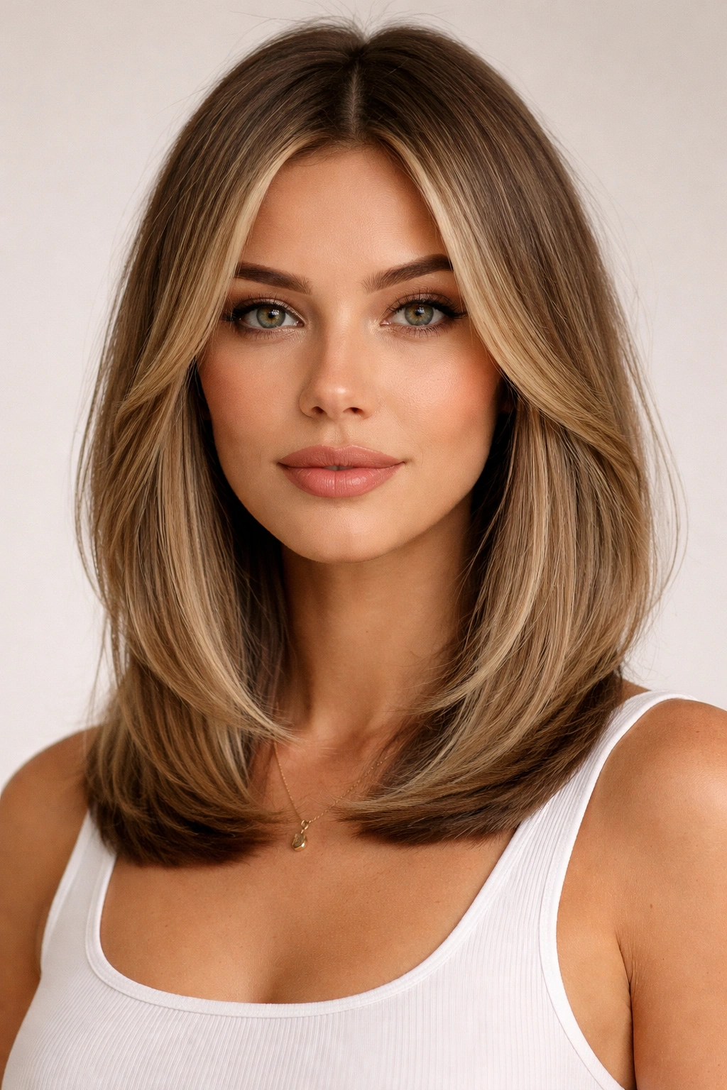 Close-up of shoulder-length hair with face-framing layers and blunt ends