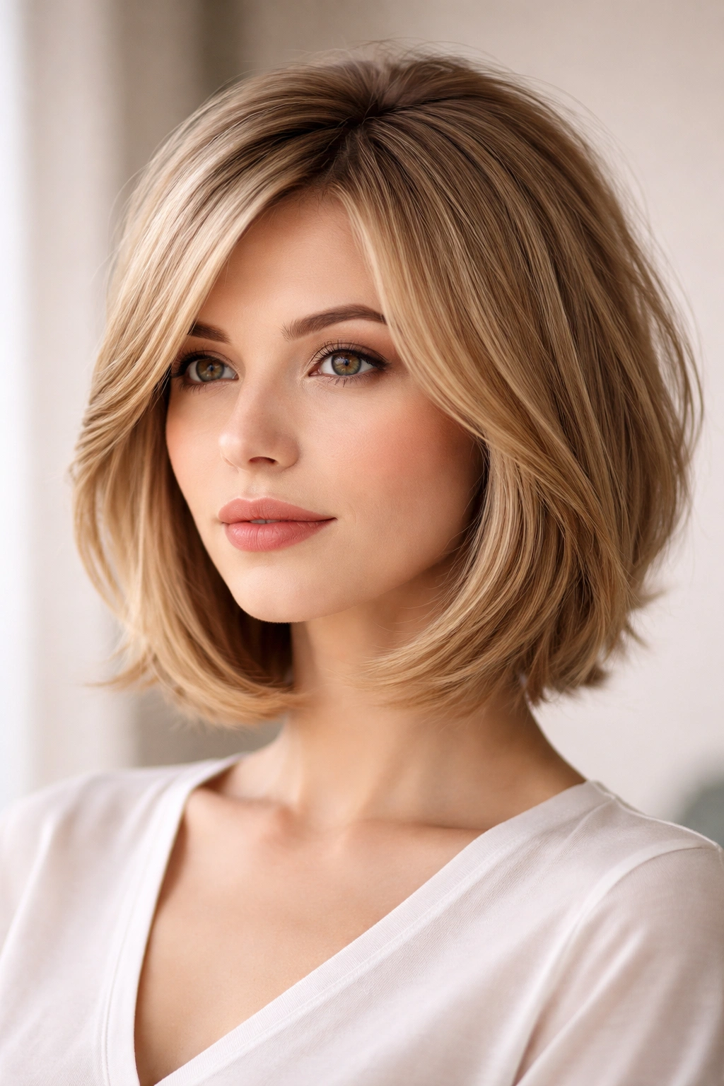 Face-framing layered bob highlighting cheekbone-length front layers