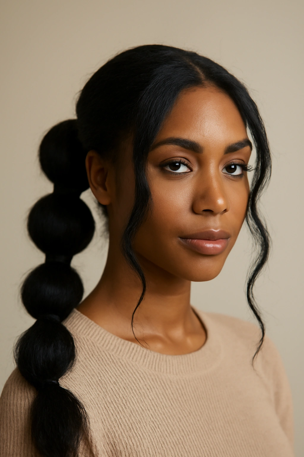 Bubble ponytail with face-framing strands around the face