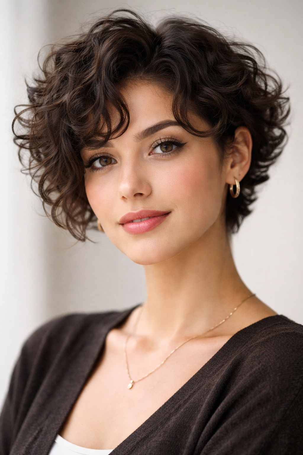 Face-framing cropped curls hairstyle in a short cut