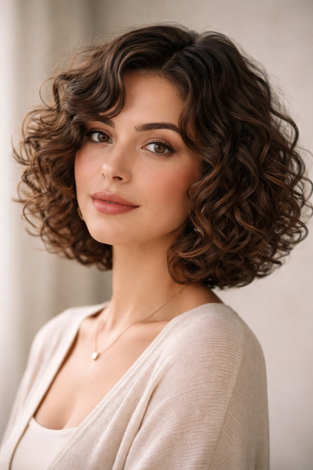 Model with face-framing curly bob with longer front pieces around the face