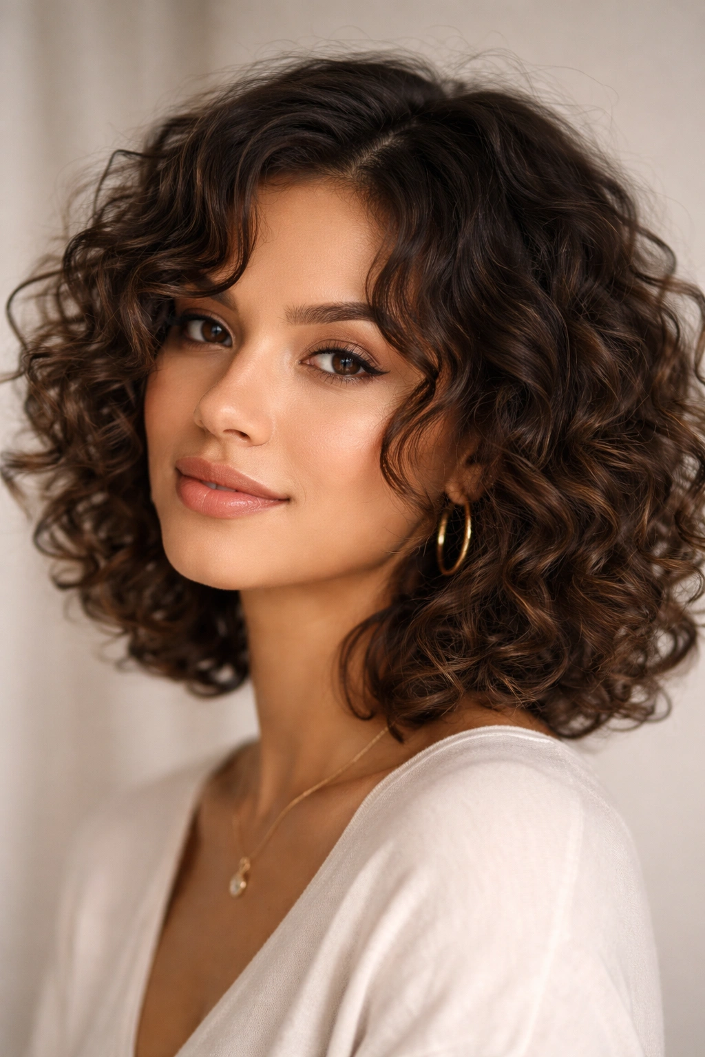 Curly bob with longer face-framing pieces starting at ears to frame the face.