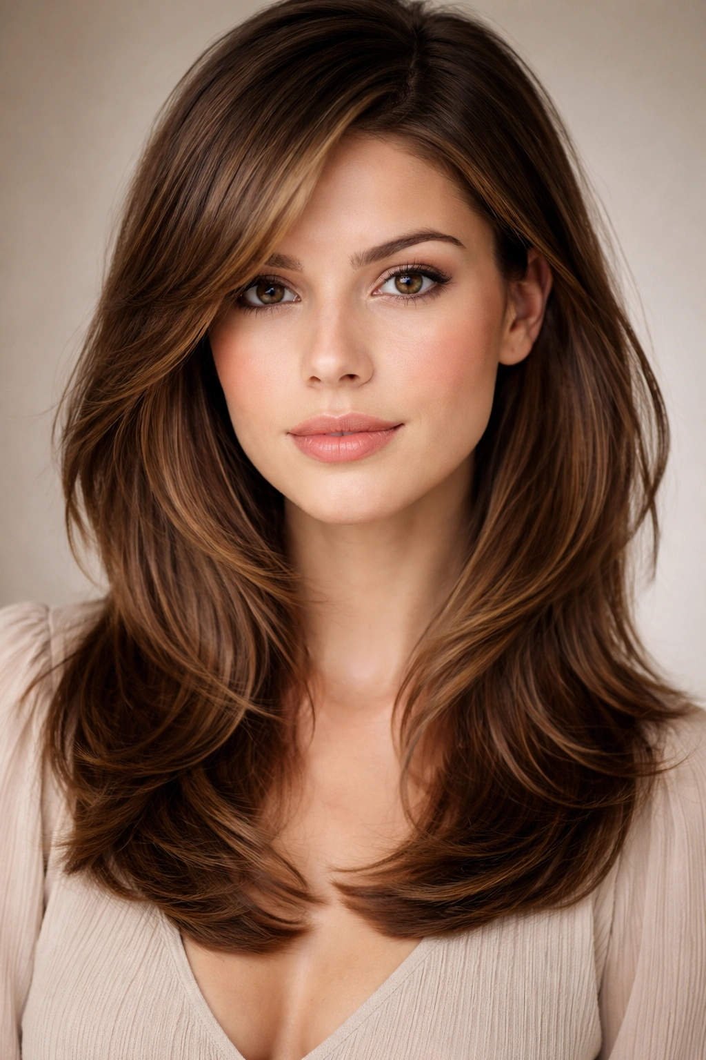 Face-framing layers with a deep side part highlighting cheekbone framing.