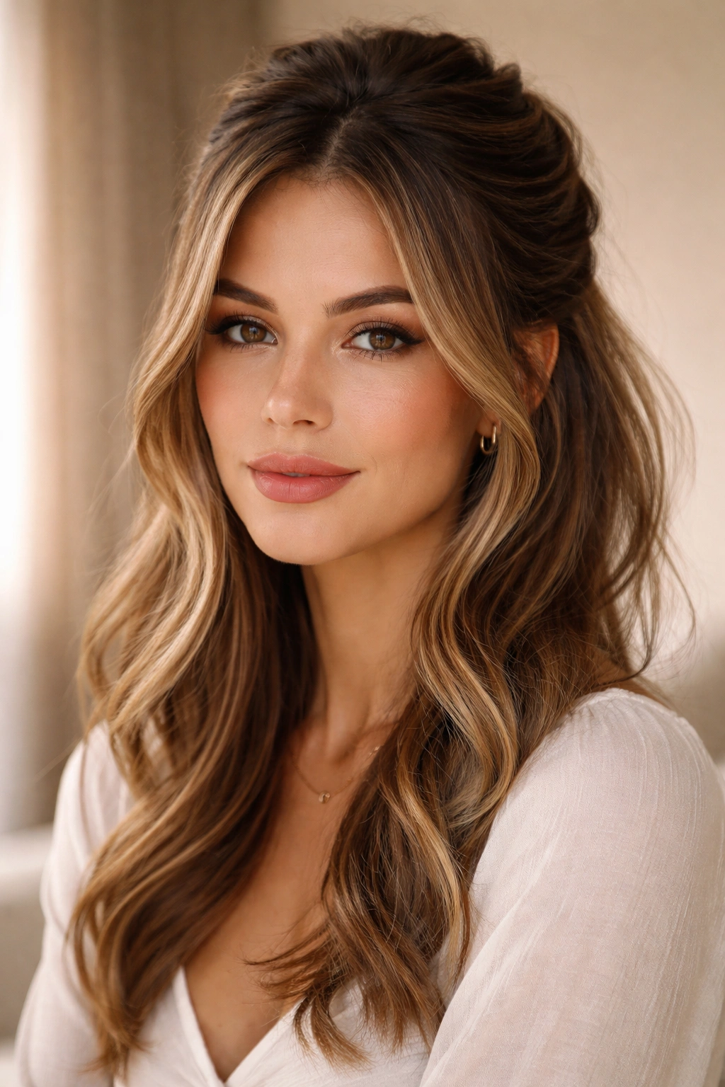 Half-up hairstyle with face-framing layers and loose pieces framing the face.