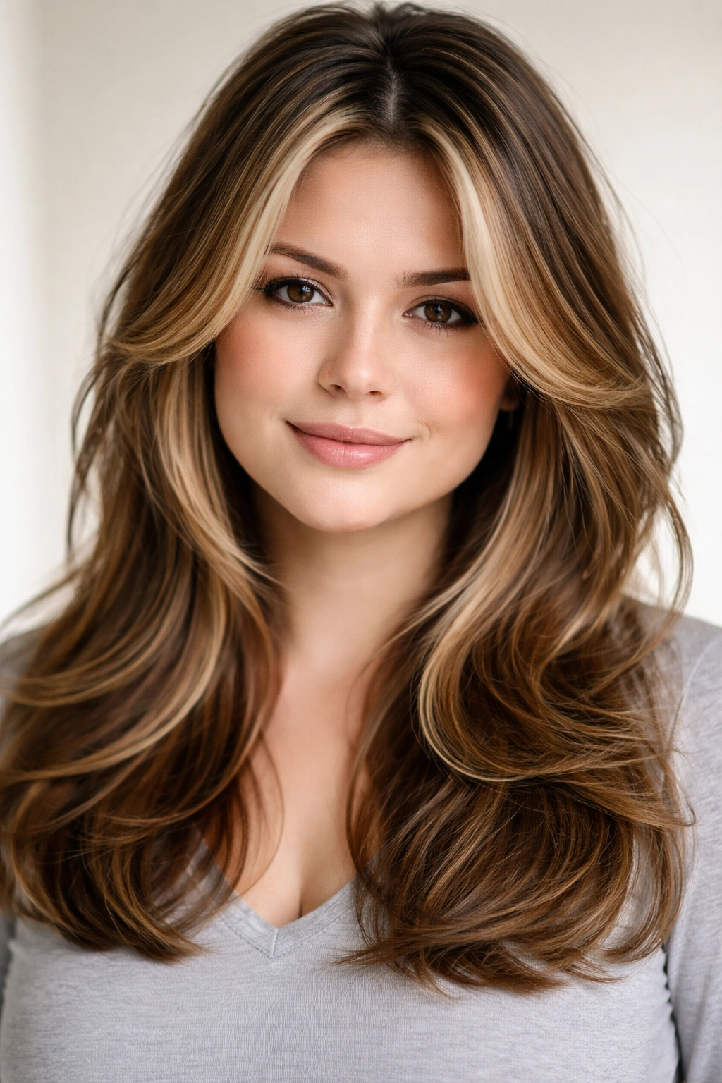 Face-framing layers with highlights around cheeks and crown