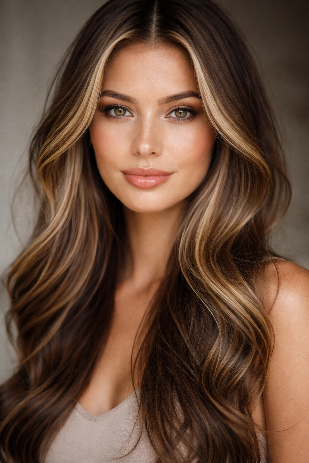 Hair with face-framing highlights around temples and jawline.