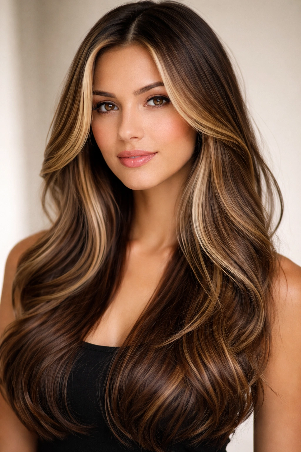 Model with long layers and face-framing highlights around cheeks and jawline.