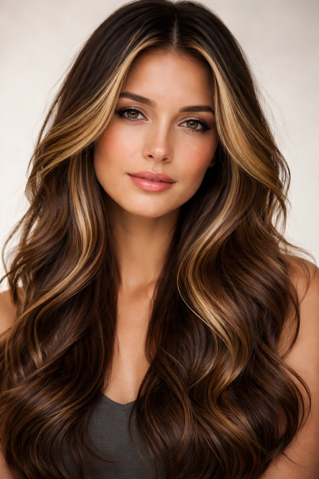 Close-up of hair with face-framing highlights and soft waves around the cheeks