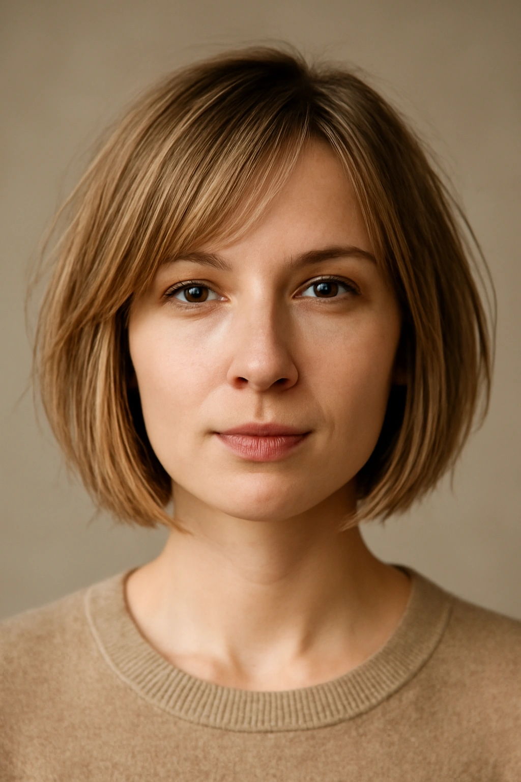 Portrait of a person with face-framing layers around the face creating dimension.