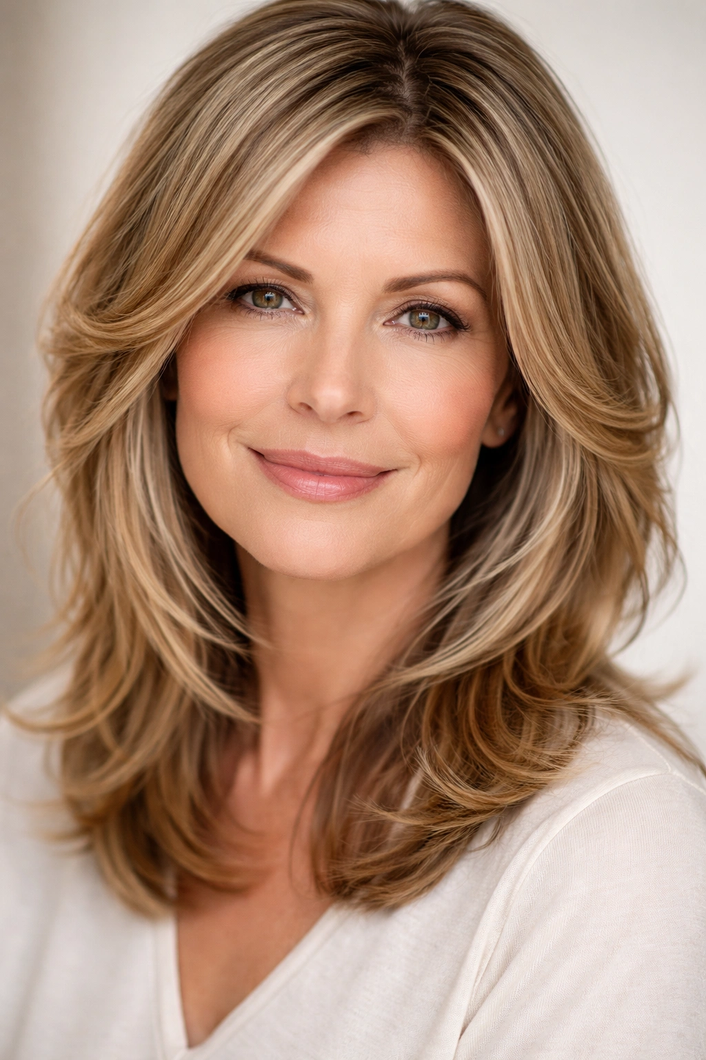 Close-up of face-framing layers around the cheekbones