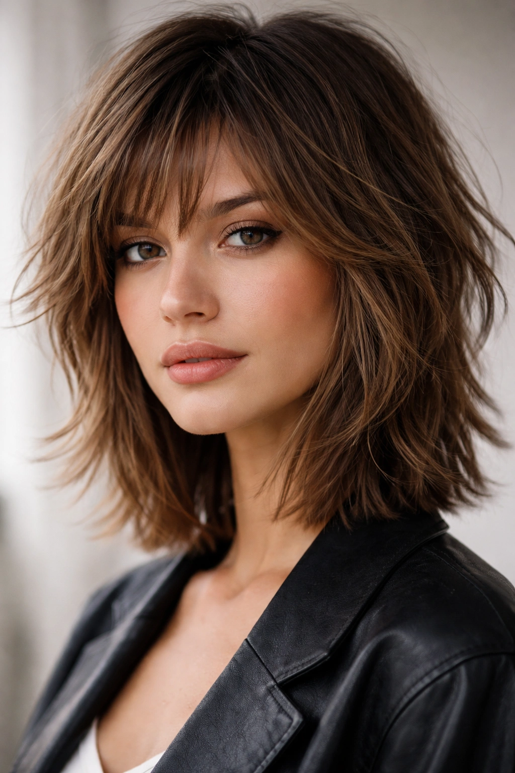 Portrait showing face-framing choppy layers around the face.