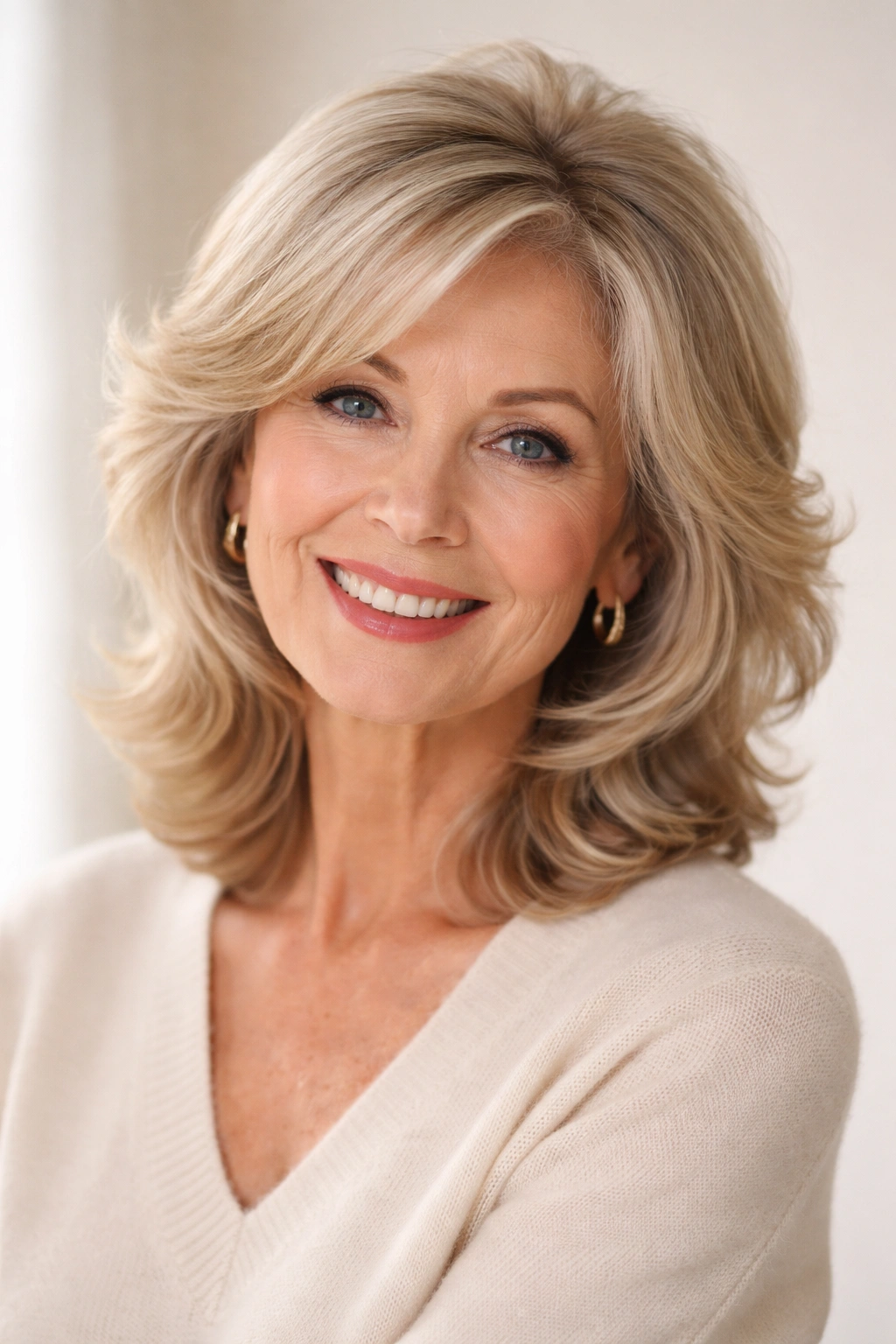 Mature woman with face-framing layers and crown volume hairstyle