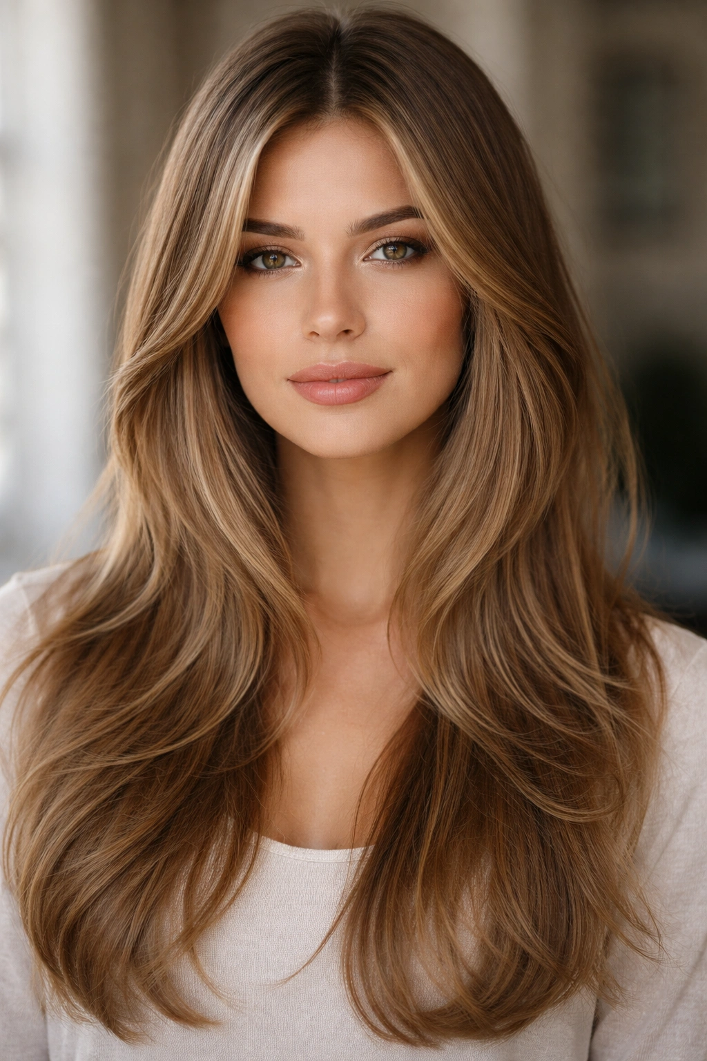 Close-up of fine face-framing layers around the face