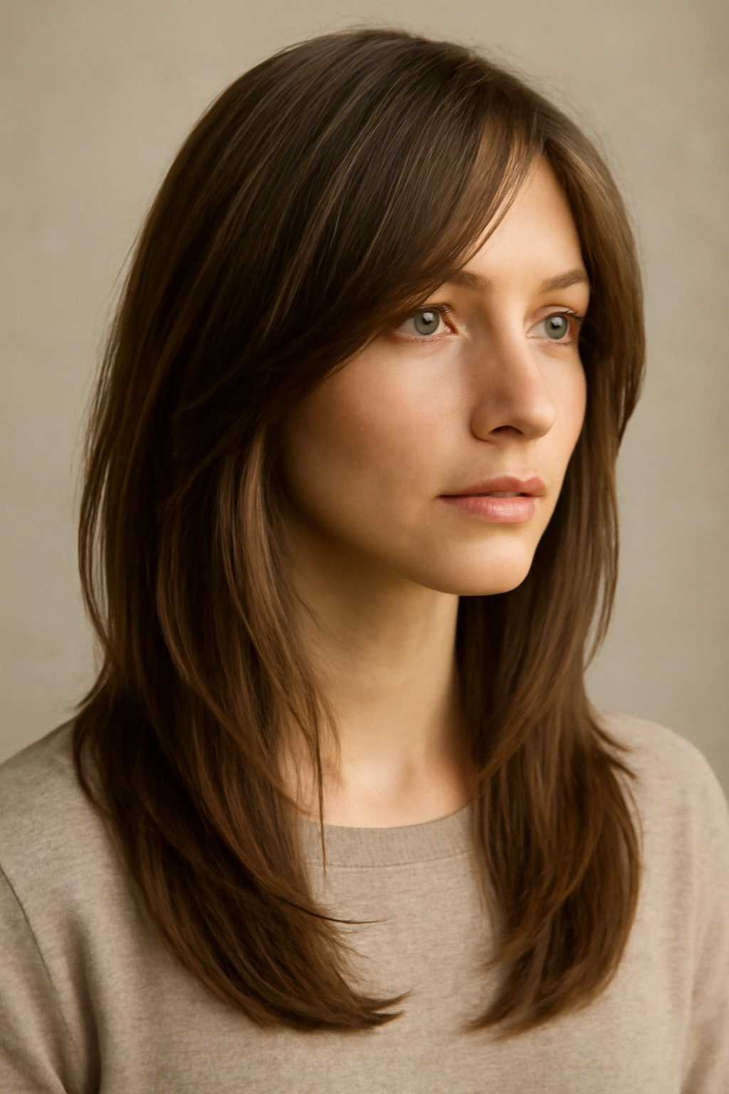 Long hair with face-framing layers around cheekbones