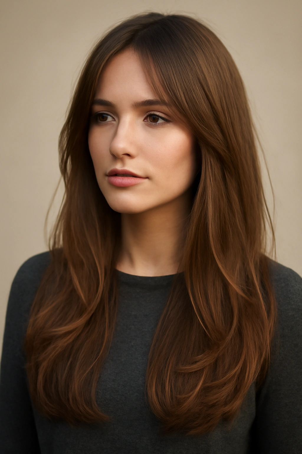 Waist-length hair with subtle face-framing layers around the front