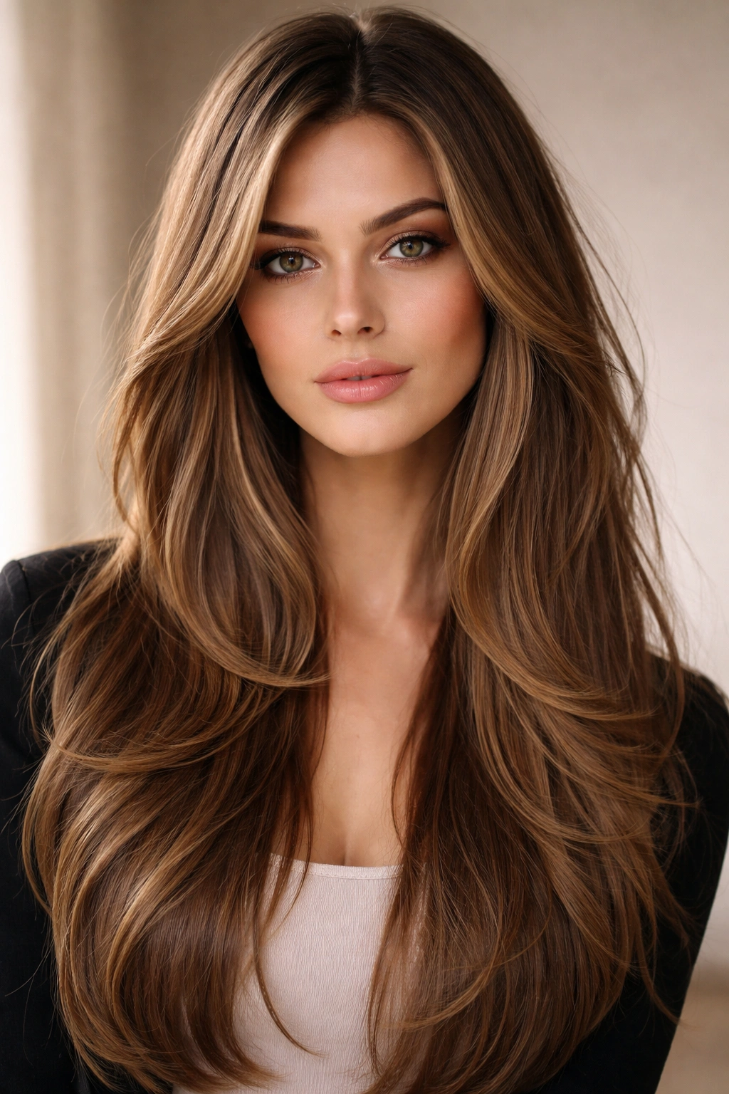 Long hair with cheekbone-originating face-framing layers for width