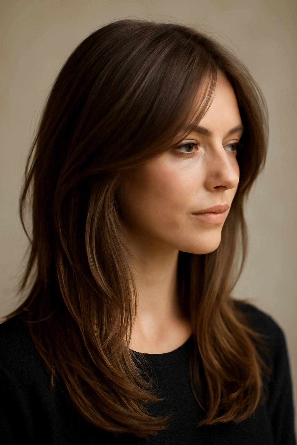 Long hair with cheekbone-starting face-framing layers creating movement around the face