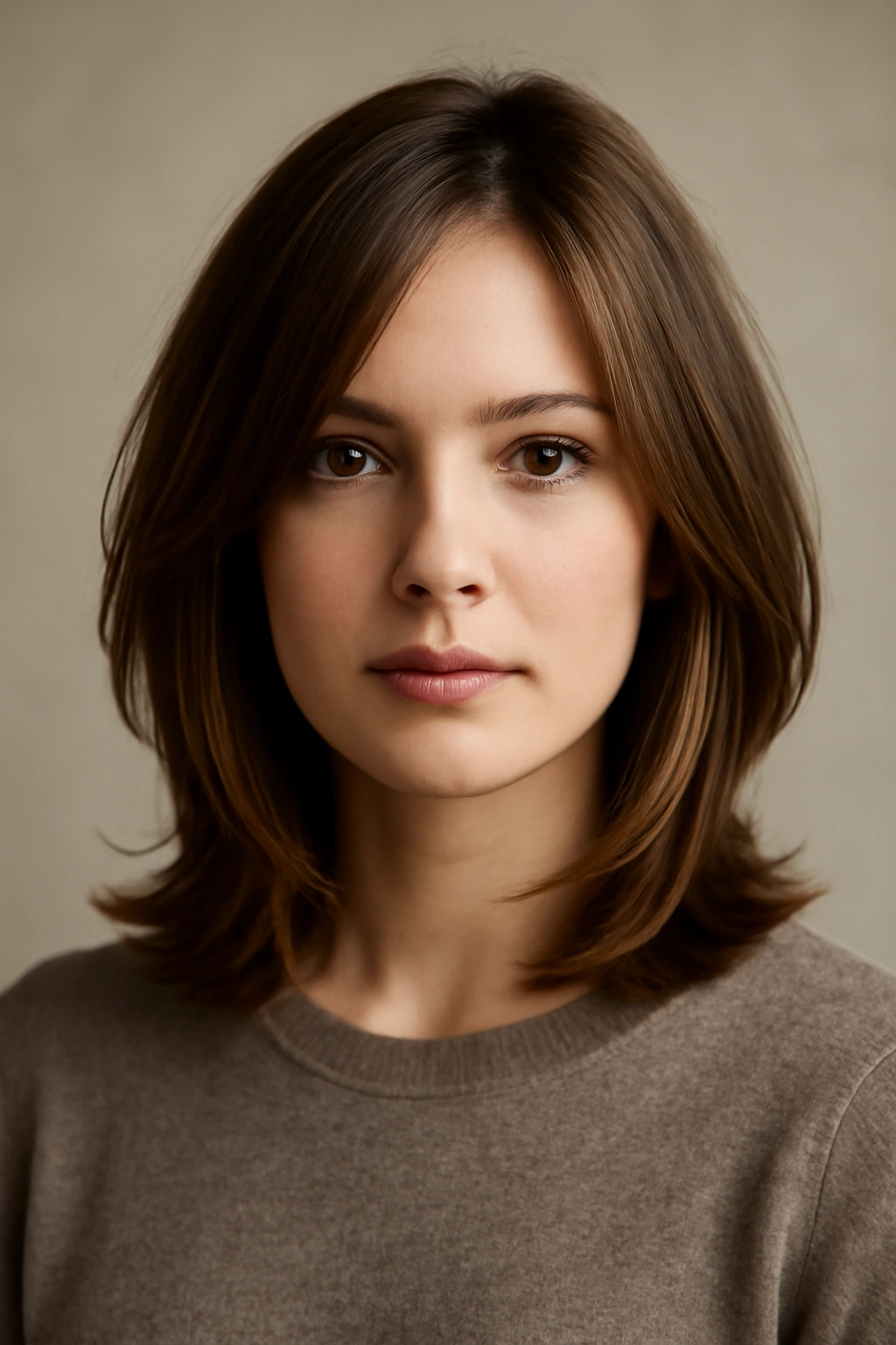 Face-framing layered medium hairstyle with soft layers around the jawline