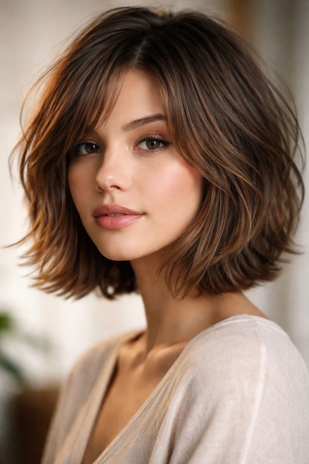 Textured bob with face-framing layers around the face