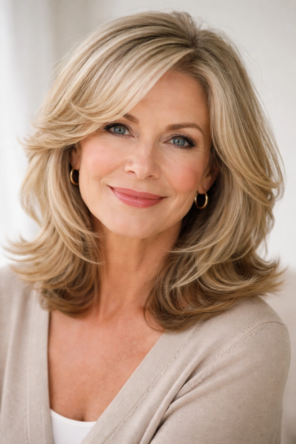Shoulder-length hair with soft face-framing layers around the cheeks.