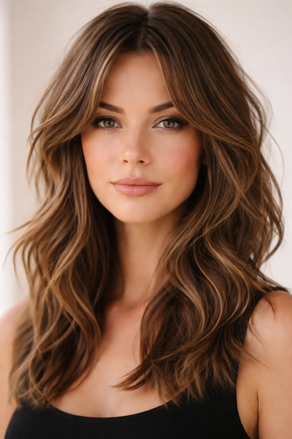 Close-up of face-framing layers with textured waves around cheeks for balance