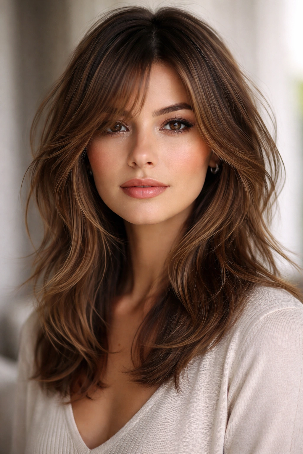 Portrait showing face-framing choppy layers around cheeks.