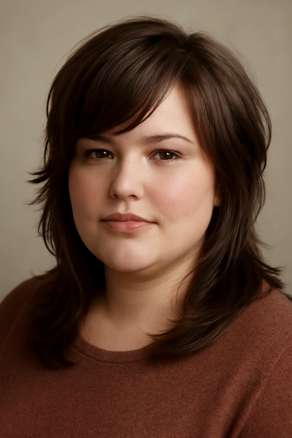 Face-framing mullet with side-swept bangs on a plus-size model in studio portrait
