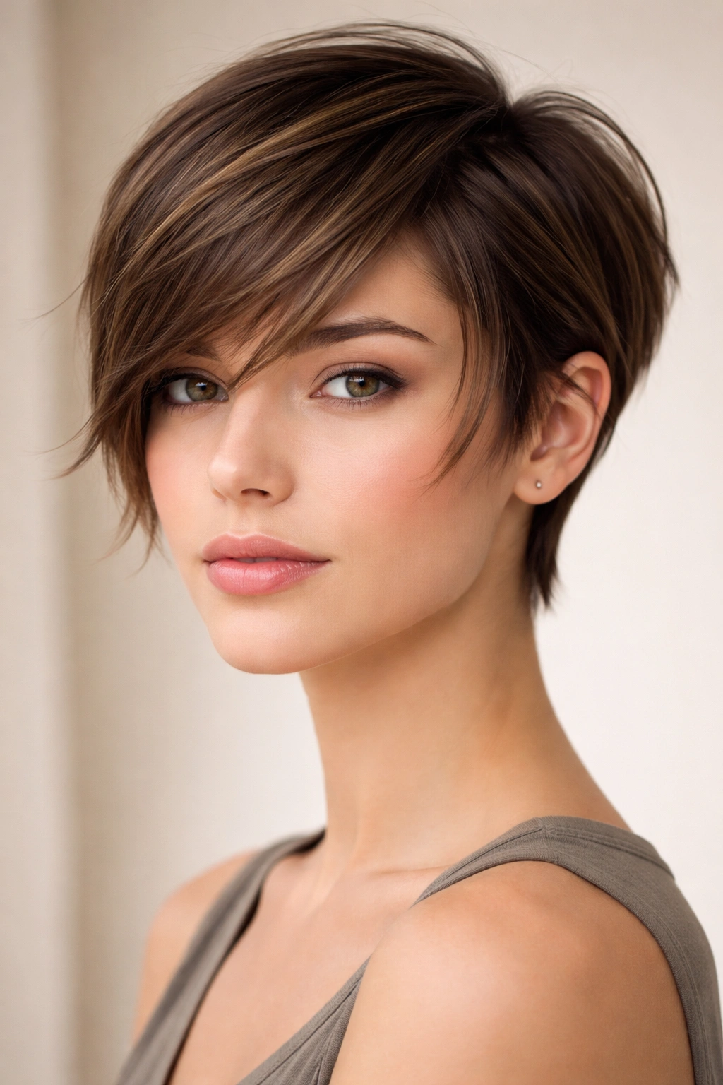 Long pixie with face-framing pieces framing the face