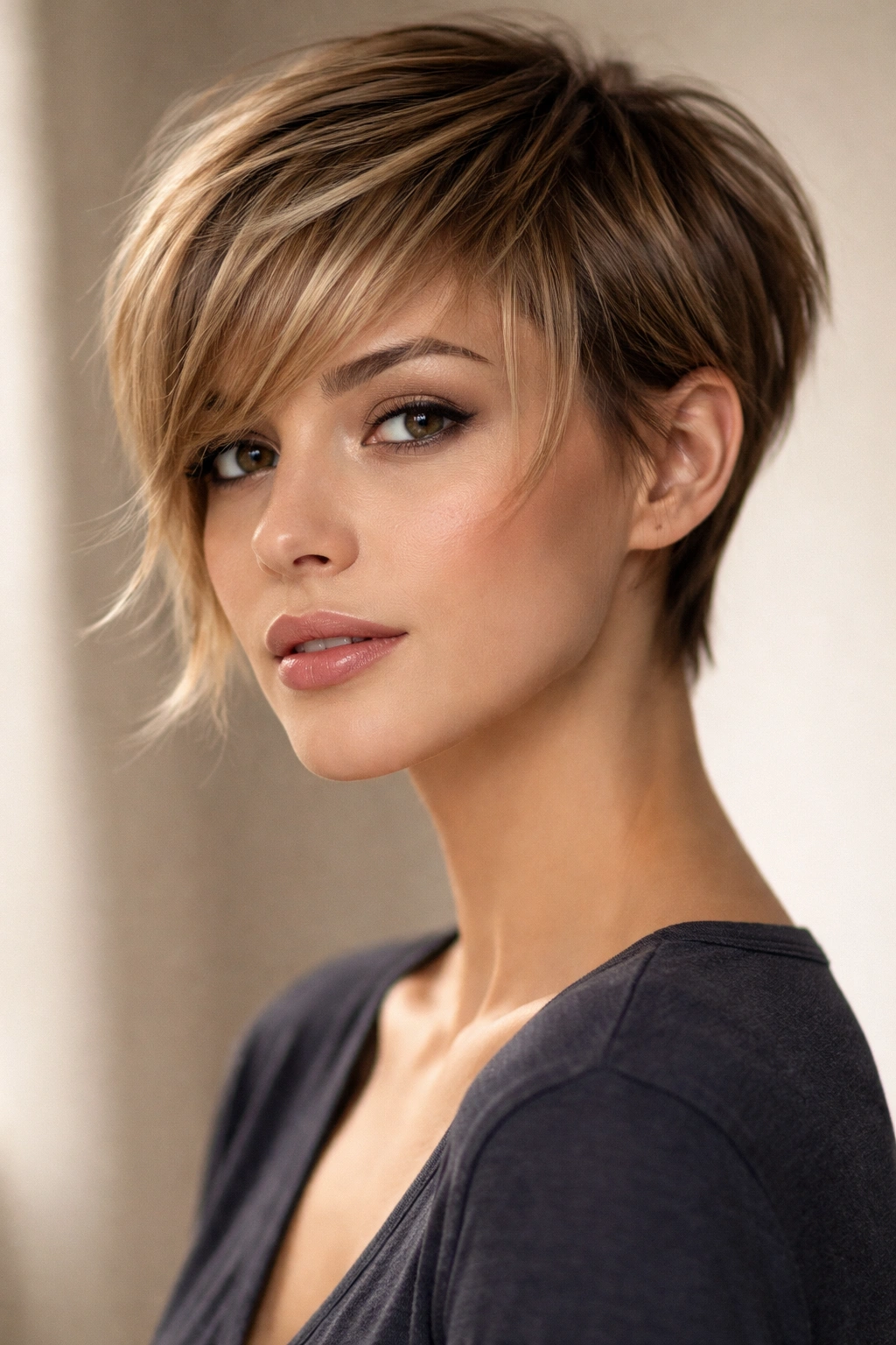 Portrait highlighting a face-framing pixie crop with longer front pieces