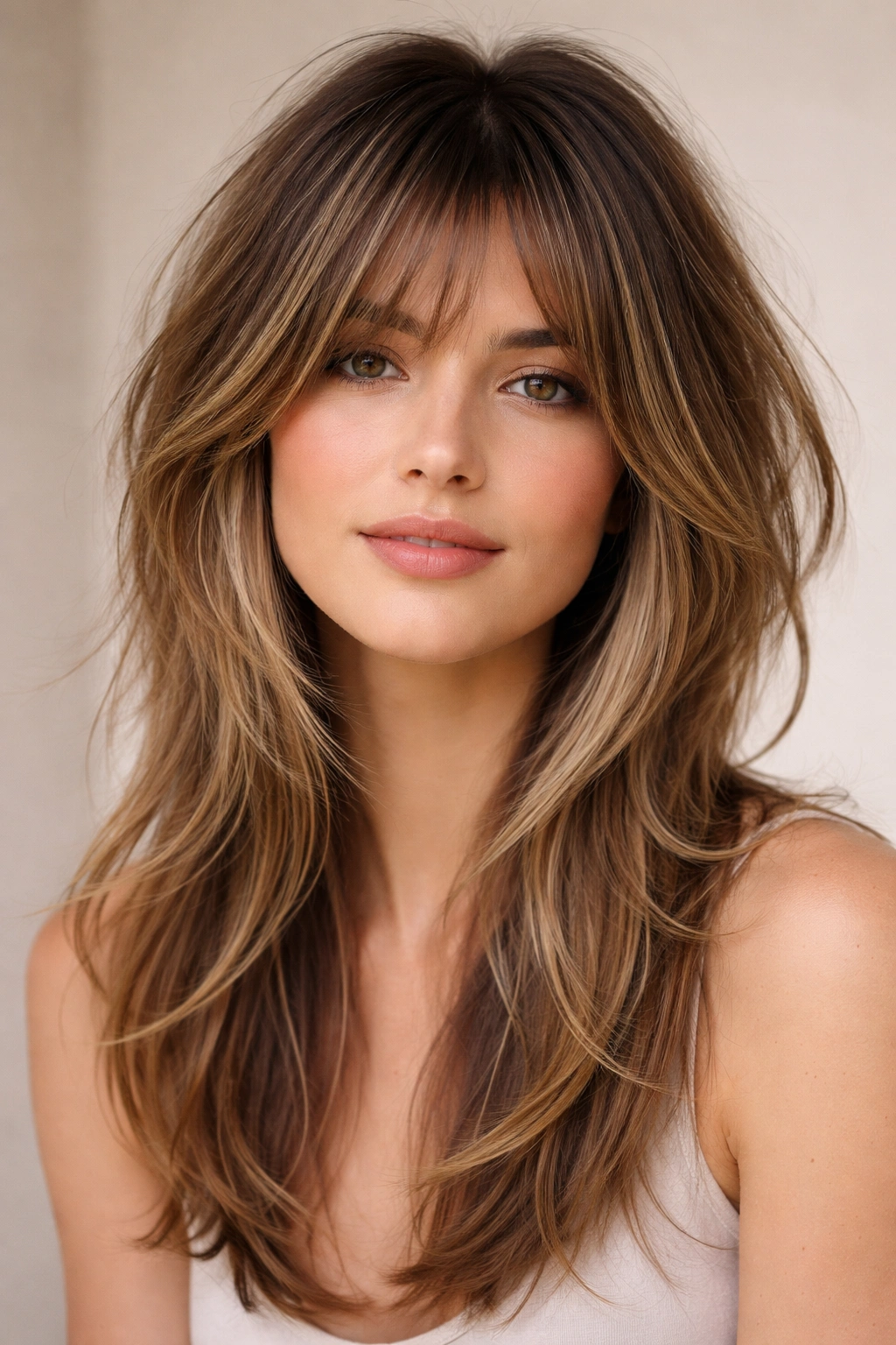 Close-up portrait of a person with face-framing shag layers around cheeks and jaw