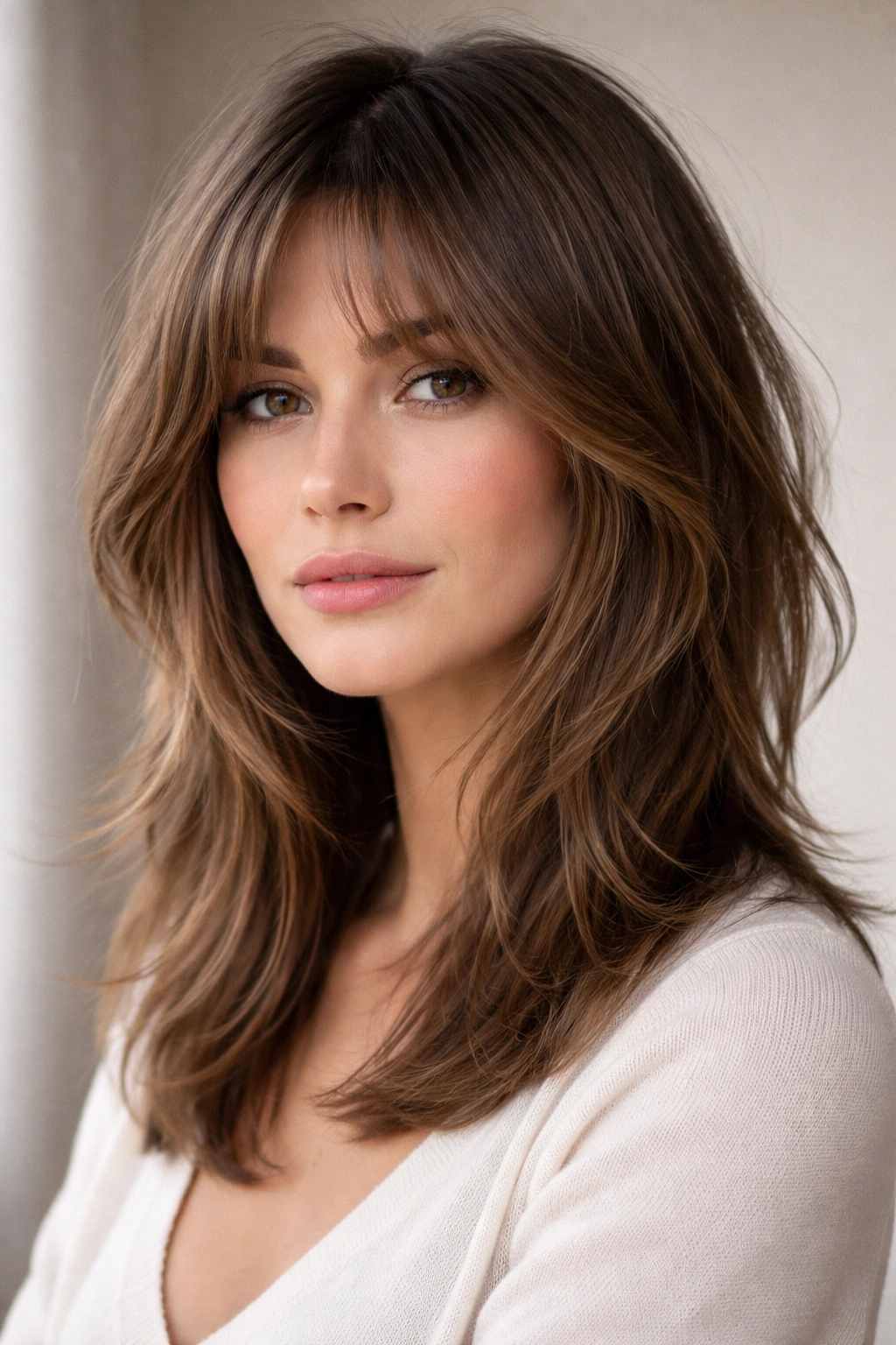 Close-up of face-framing shag with softly layered front pieces framing eyes and cheekbones