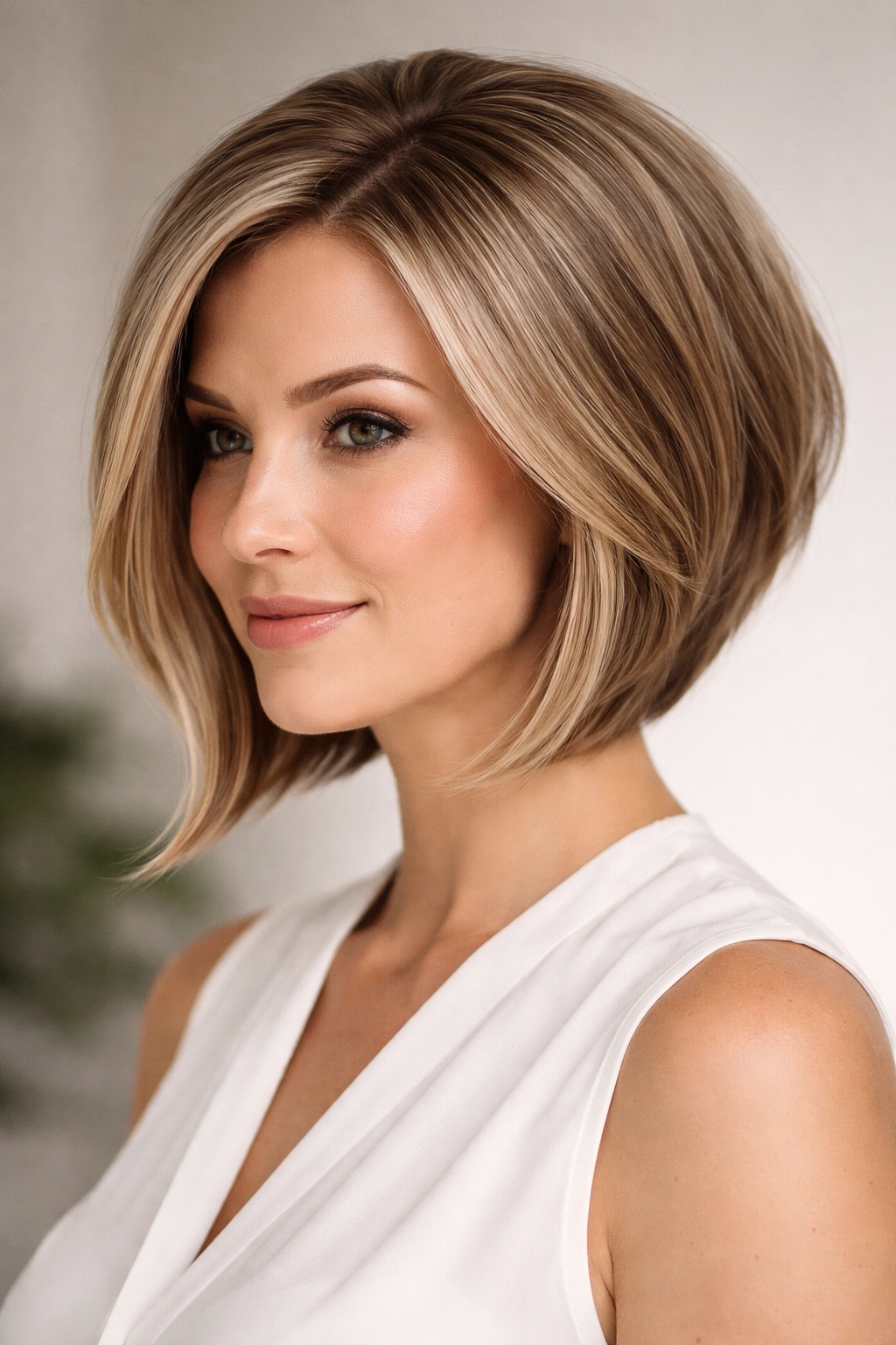 Head-and-shoulders portrait showing back stacked volume with soft front framing