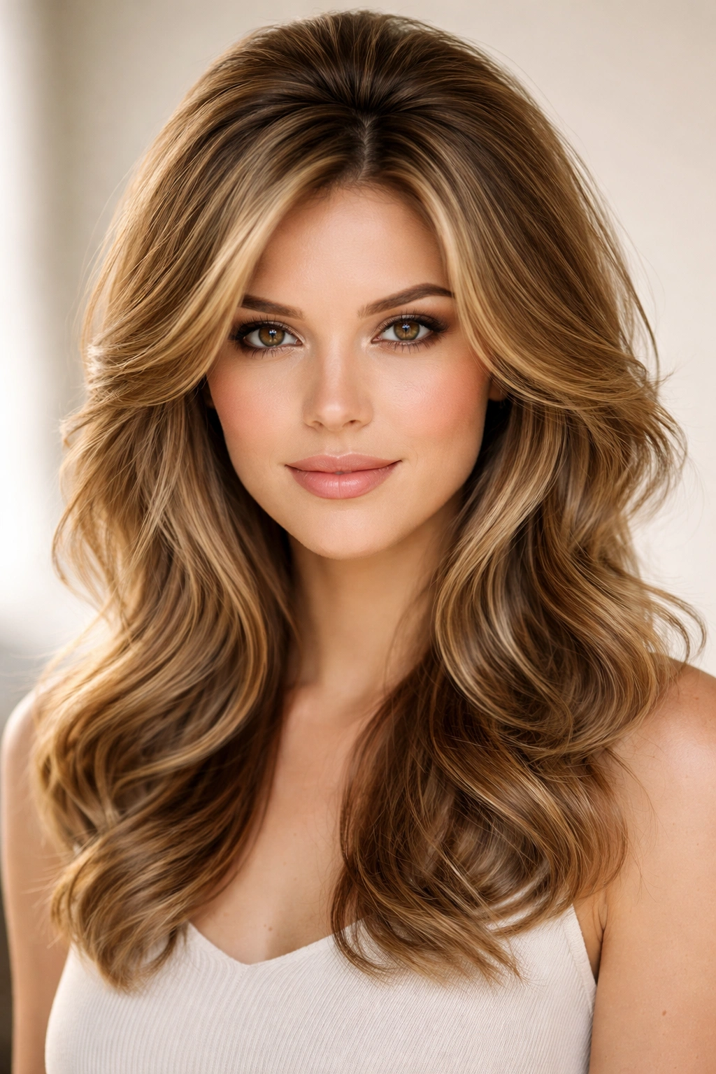 Head-and-shoulders with face-framing waves and crown volume