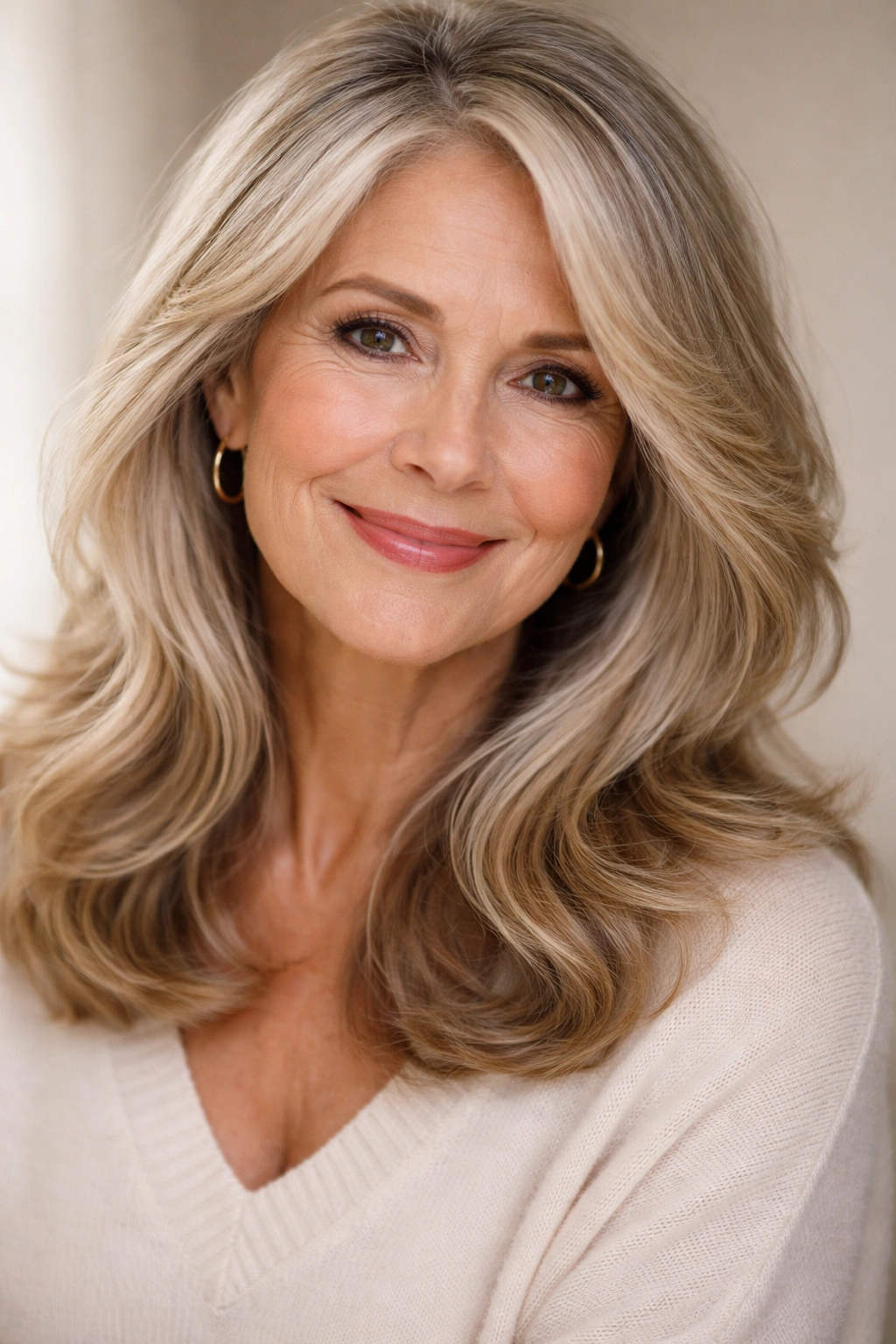 Older woman with face-framing waves and side part