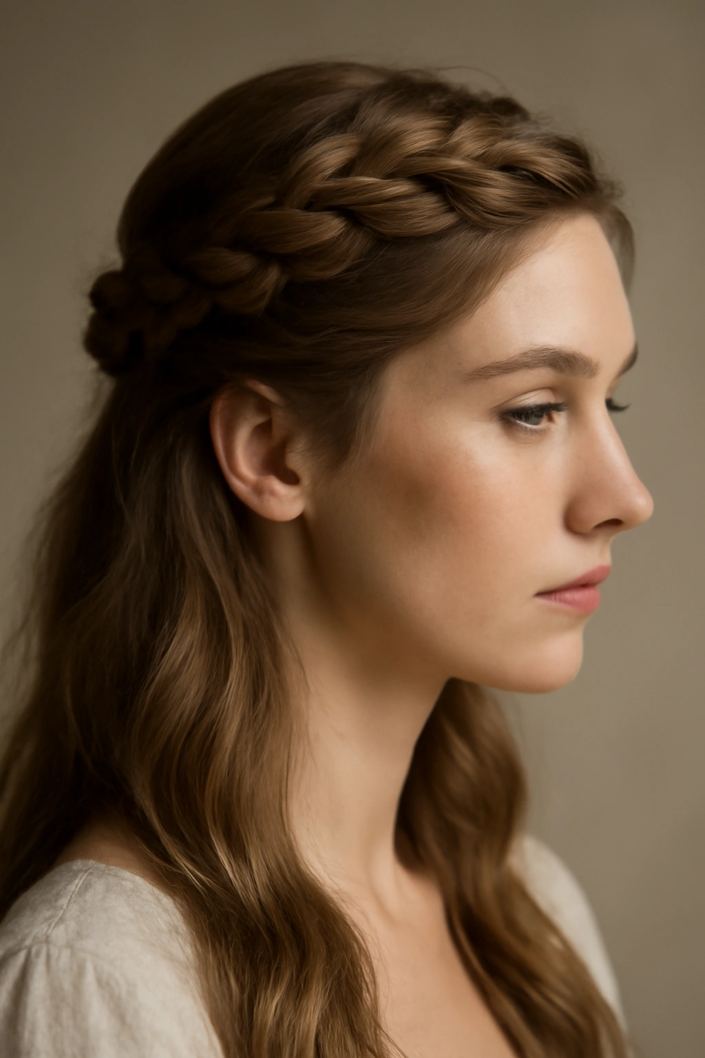 Side profile of a head with a crown braid illustrating a flattering vertical line for face shape