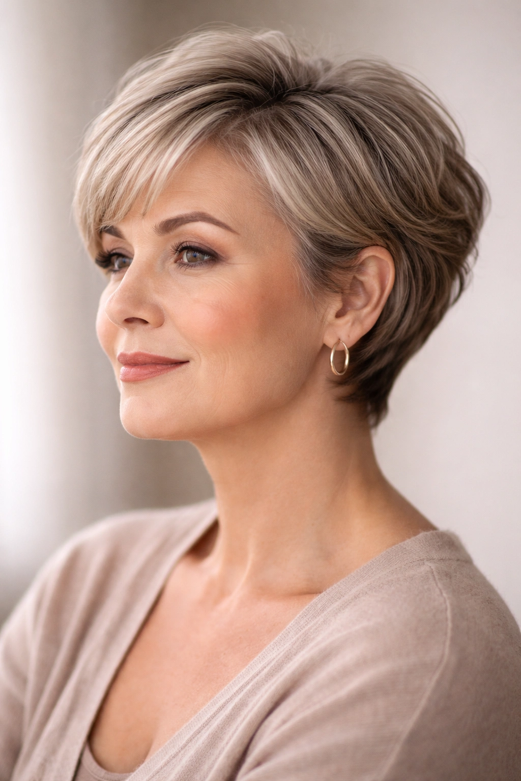 Studio portrait of a round-faced person illustrating balanced proportions and neck length