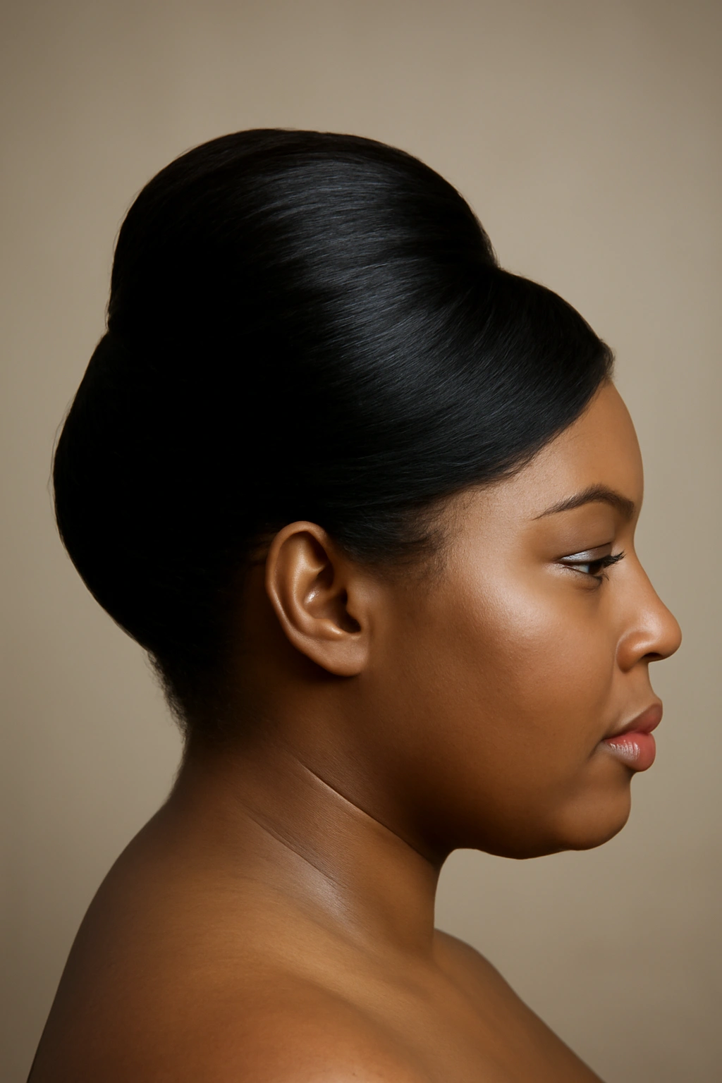 Profile view of a French roll styled to flatter a round face