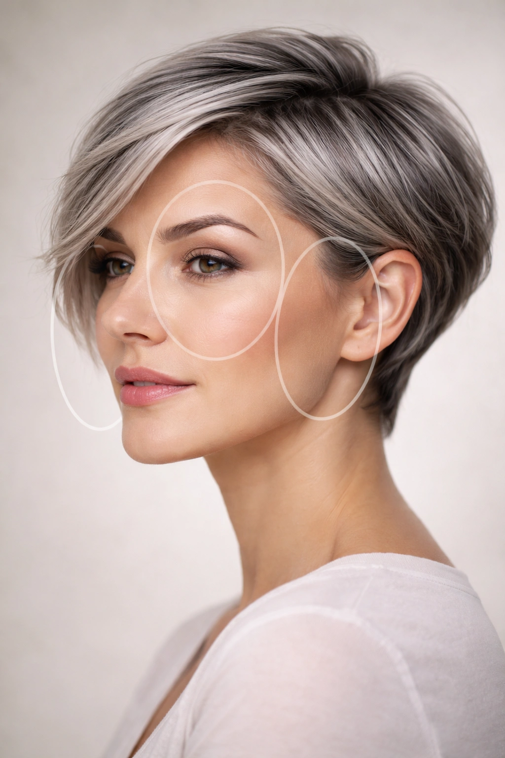 Minimalist head silhouette with shading suggesting face-shape variations for styling.
