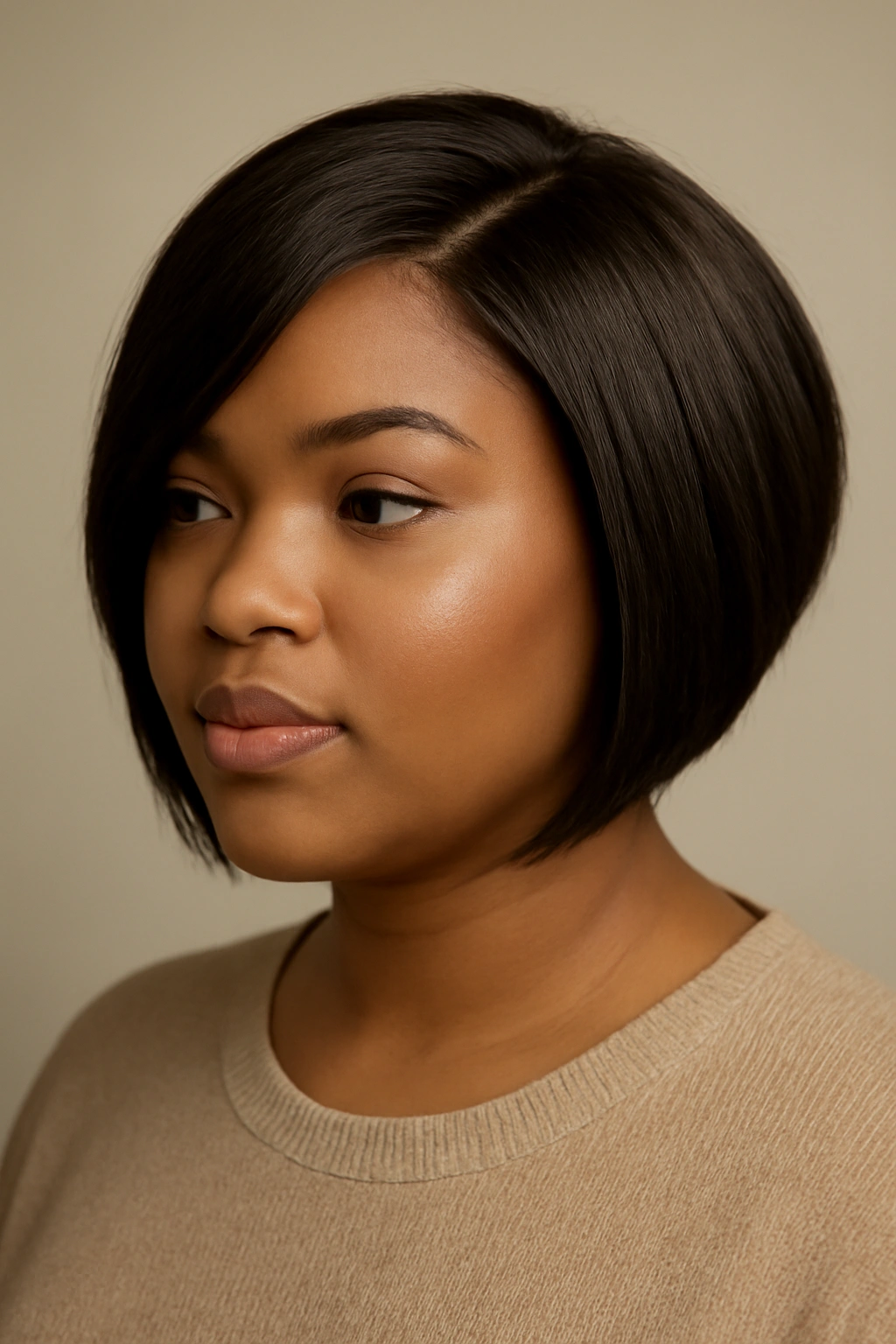 Portrait of a model with a short weave chosen to flatter a round face