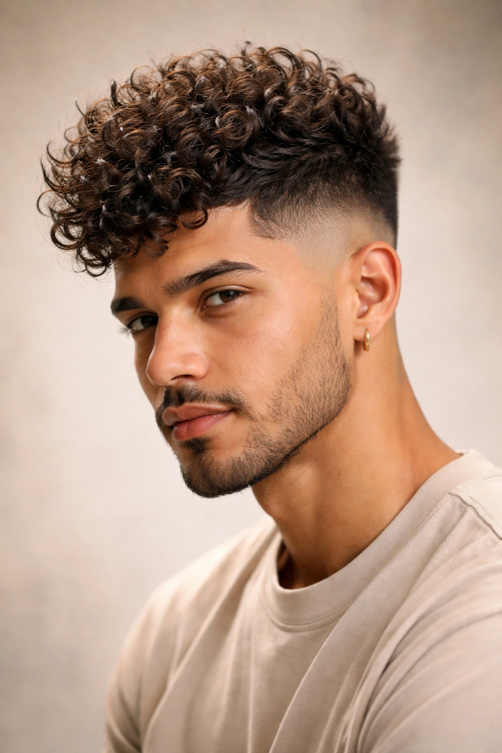 Textured fade with tall crown volume on curly hair
