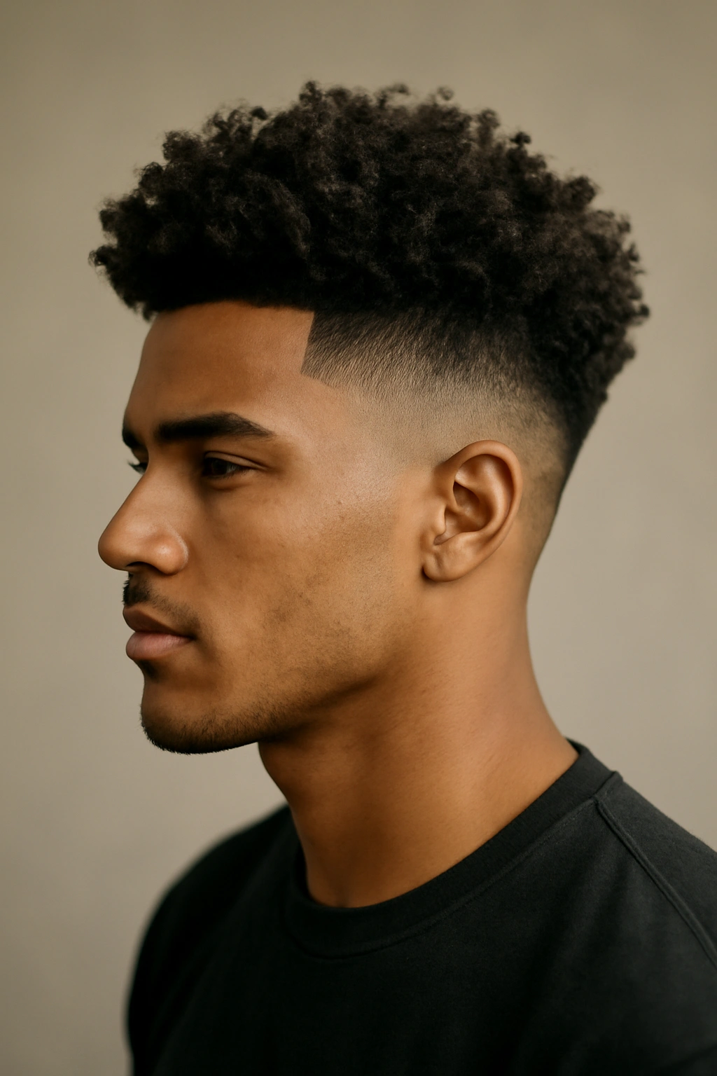 Cropped fade with curly top showing sharp sides and curly crown.