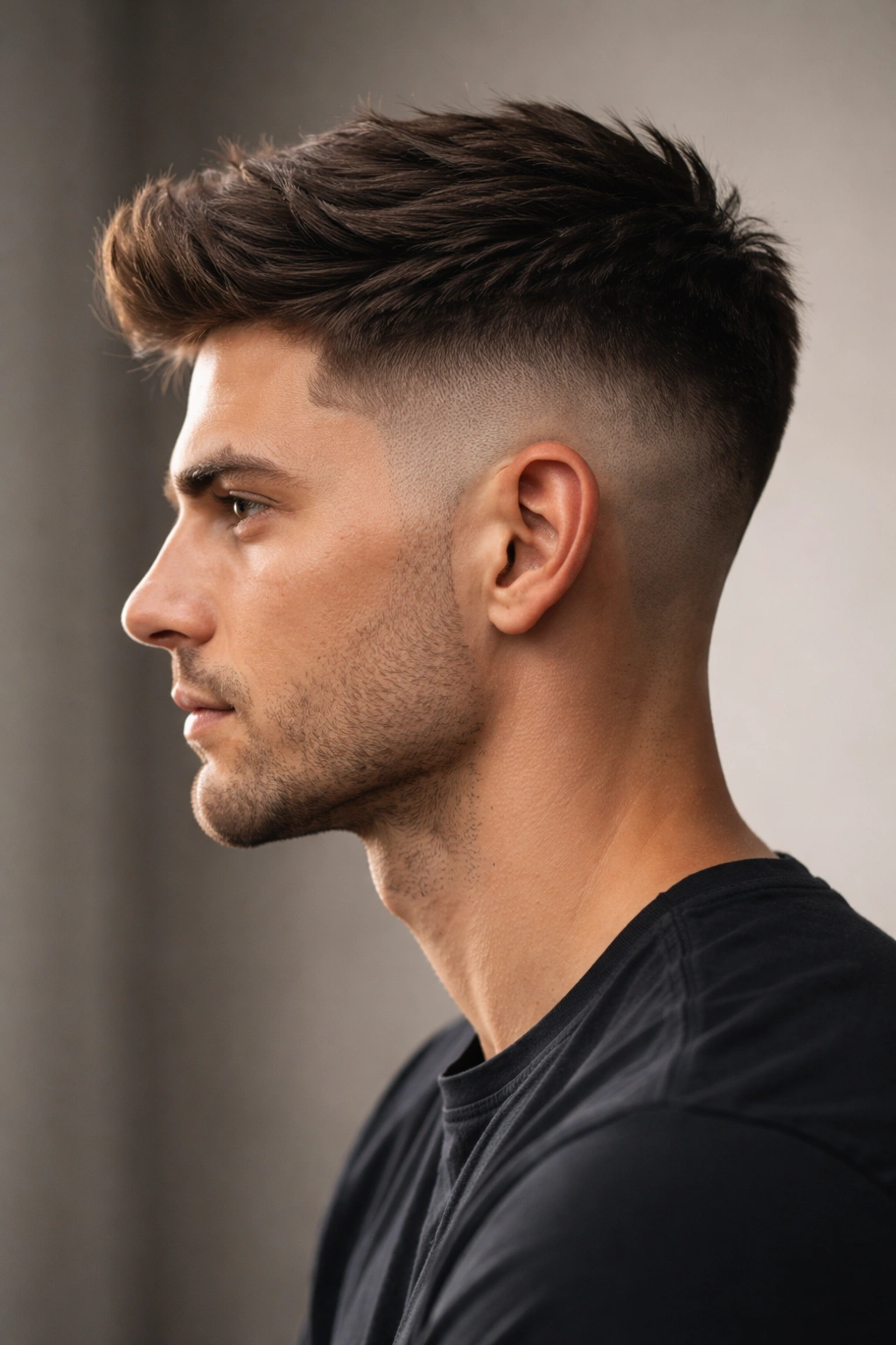 Side profile of fade cut showing a crisp gradient fade