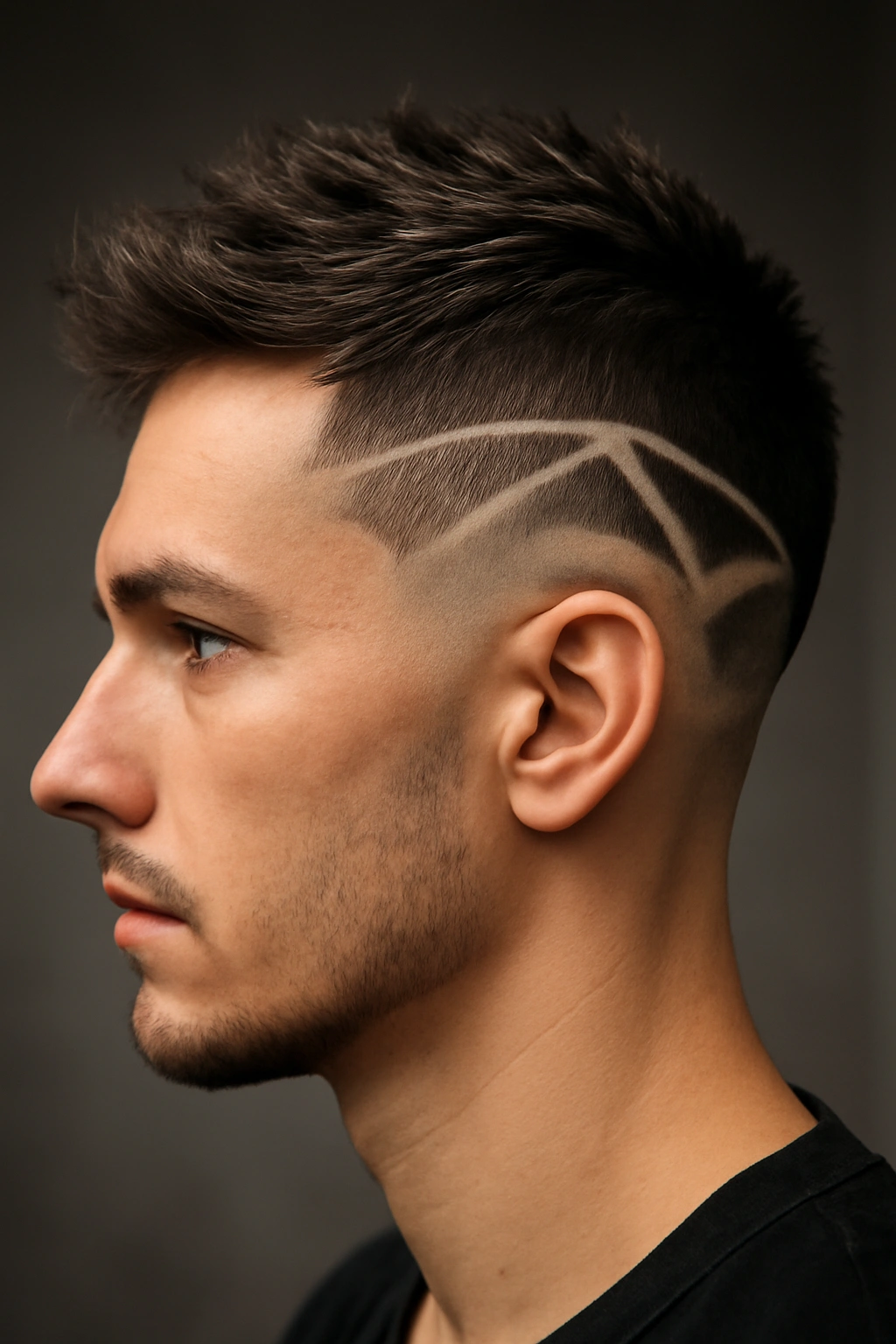 Profile view of fade-to-design undercut with crisp etched pattern on shaved side