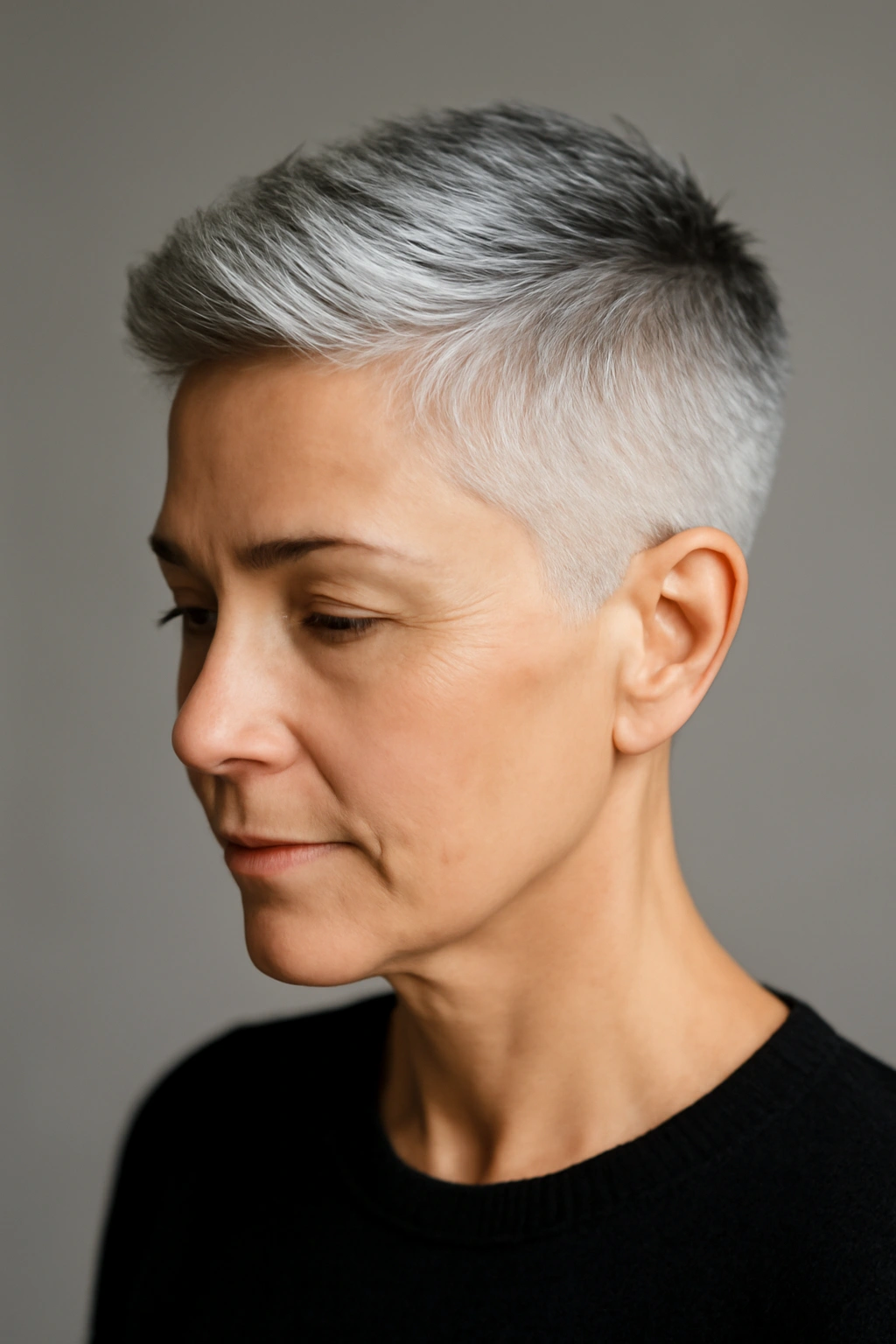 Portrait of a gray-haired woman with a sleek short fade showing top texture