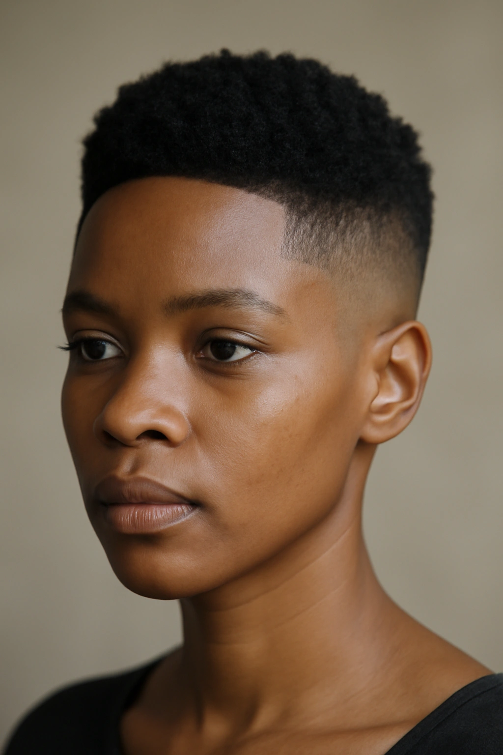 Close-up of a Black woman with a fade haircut showing clipped sides and textured crown