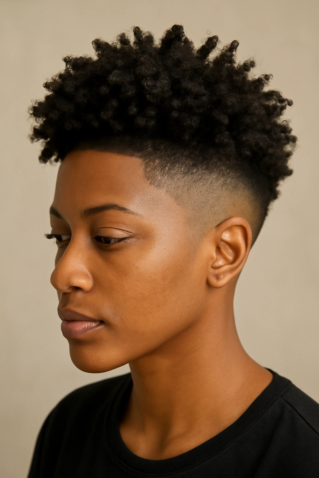 Close-up of a woman with a fade mohawk and curly hawk hairstyle