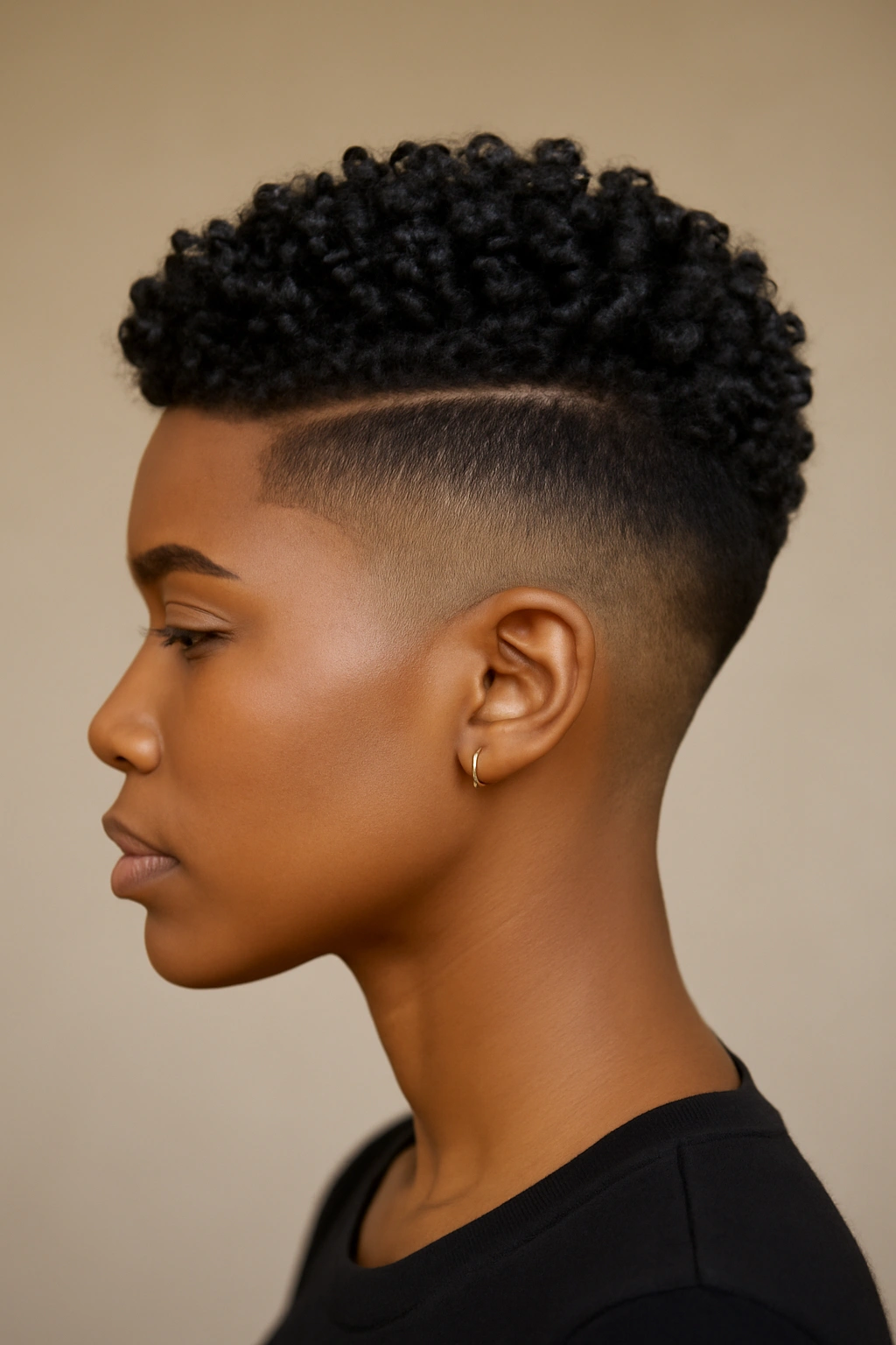 Side profile of fade with sleek, defined crown styling and sculpted curls.