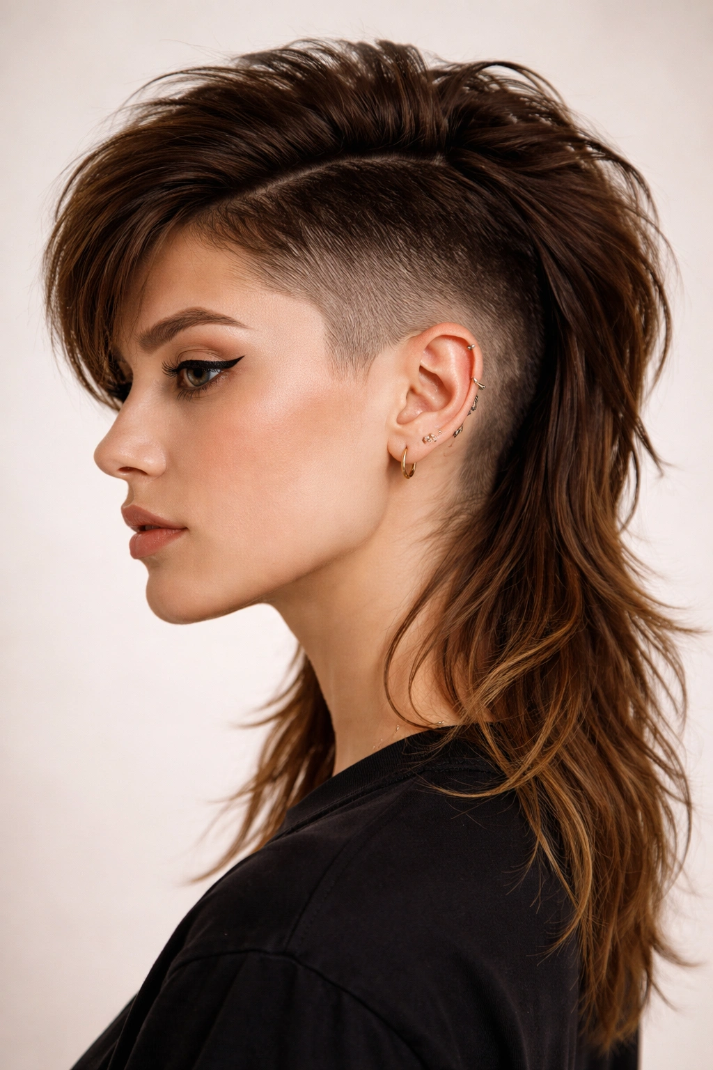 Portrait of a person with a faded gradient undercut mullet showing a smooth side fade