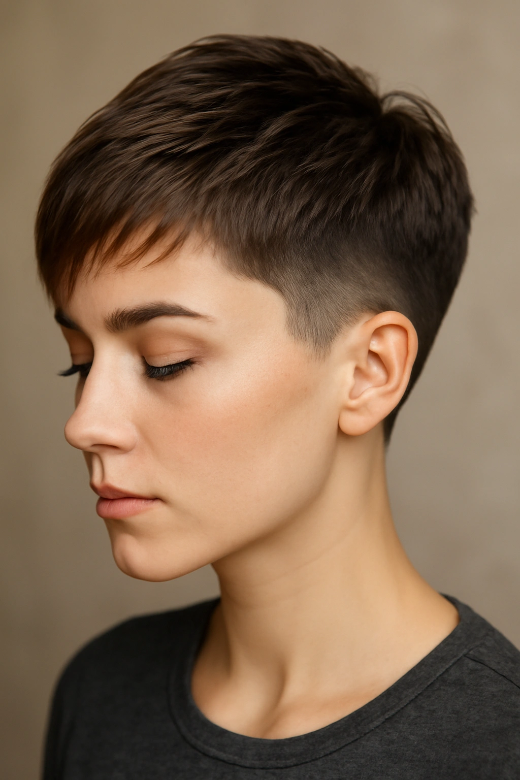 Close-up of faded pixie with rooted caramel ombre